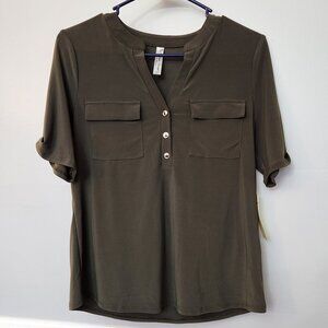 Hunter or Army Dark Green Stretch Blouse Top with Pockets Womens S